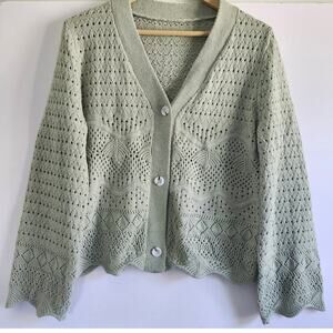 V For City Cottage Core Knit Sage Green Cardigan with Scalloped Hem Size Medium